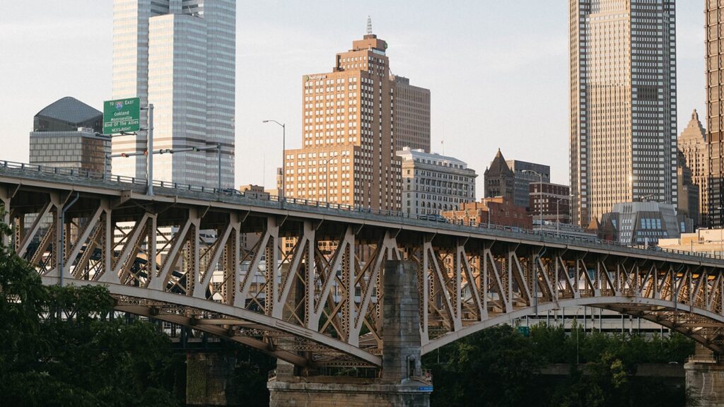 A bridge in Pittsburgh, with the downtown skyline beyond