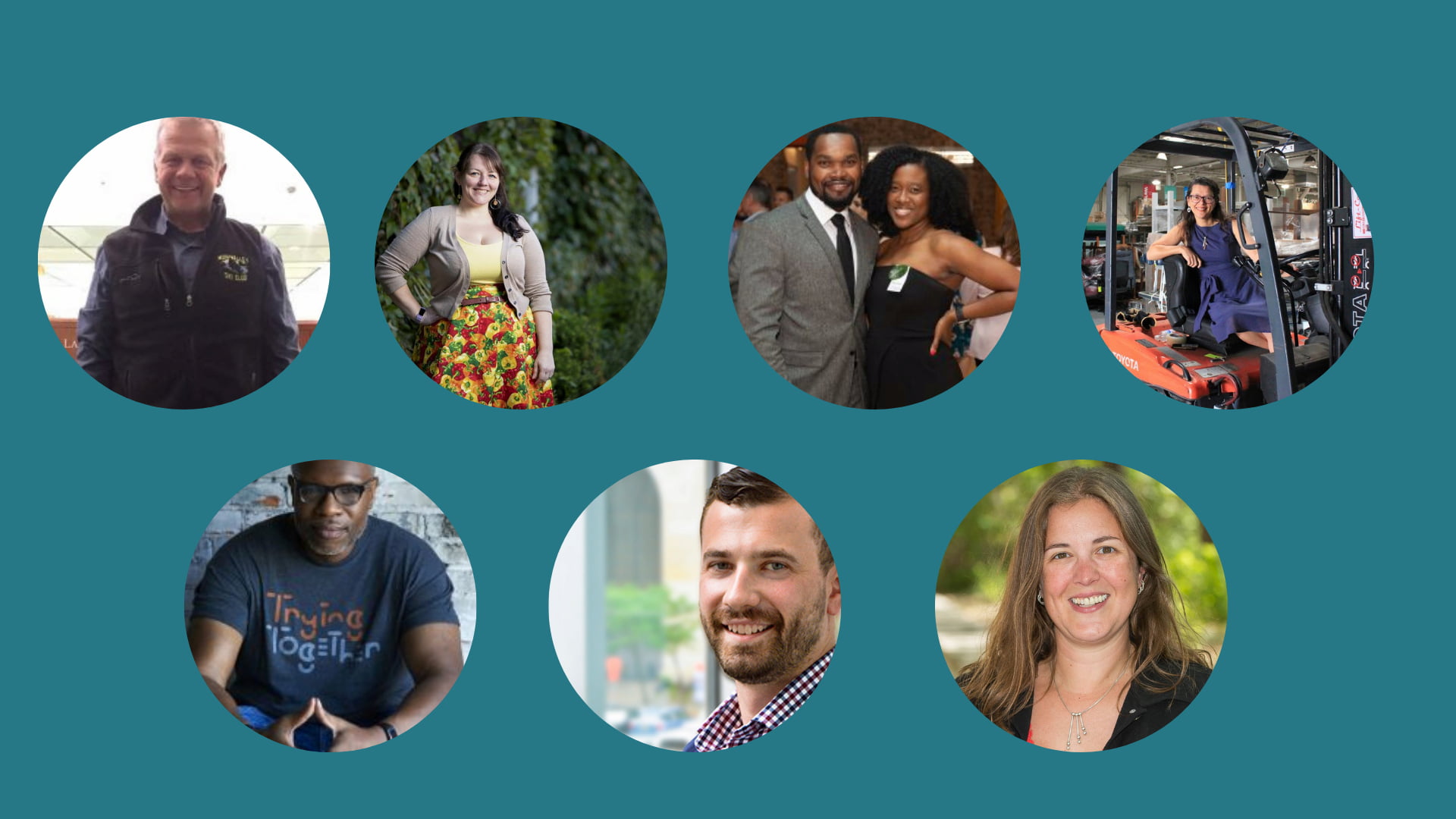 Seven individual portraits of diverse people arranged in a circular format on a teal background. Each person appears engaged and smiles, showcasing a mix of professional and candid settings.